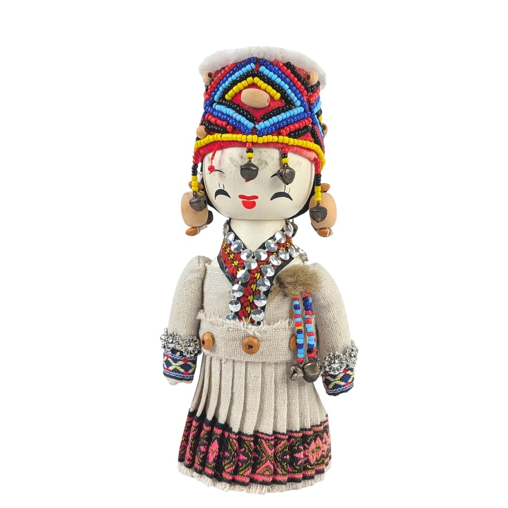 Vintage Chinese Ethnic Minority E-28 Doll Beaded Headdress Yunnan 11.5 In